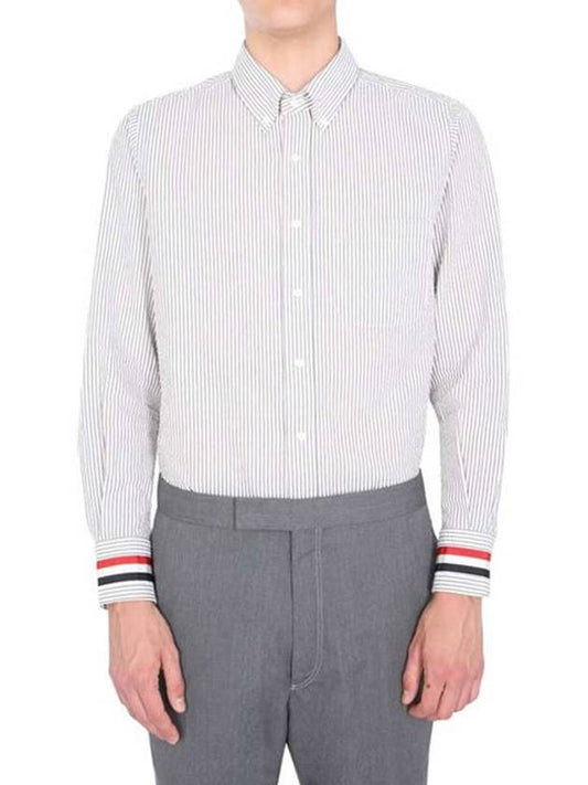 Three Stripes Grosgrain Cuff Striped Seersucker Long Sleeve Shirt Medium Gray - THOM BROWNE - BALAAN 2