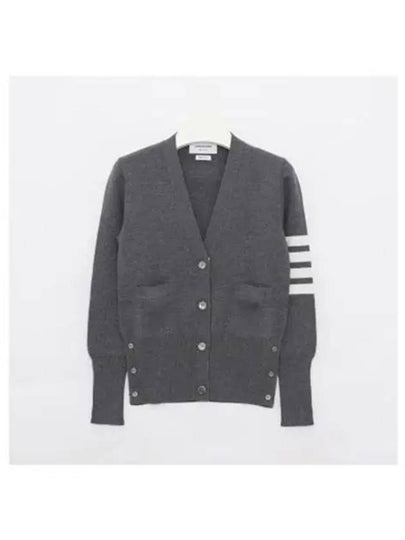 Milano Stitch 4 Bar Classic V Neck Fine Merino Wool Cardigan Medium Grey - THOM BROWNE - BALAAN 2