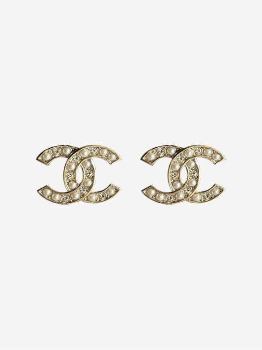 Women's CC Logo Pearl Crystal Stud Earrings Gold - CHANEL - BALAAN 2