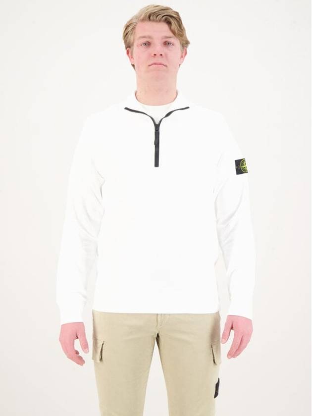 Logo Badge Half Zipper Cotton Fleece Knit Top White - STONE ISLAND - BALAAN 2