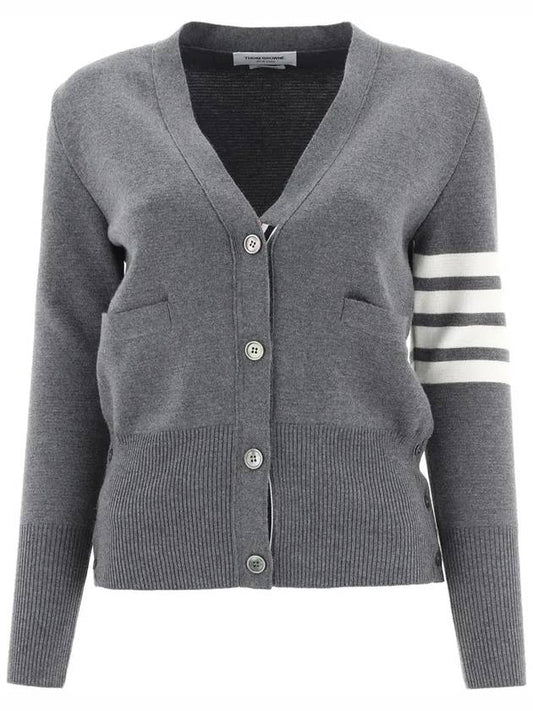 Milano Stitch 4 Bar Classic V Neck Fine Merino Wool Cardigan Medium Grey - THOM BROWNE - BALAAN 2