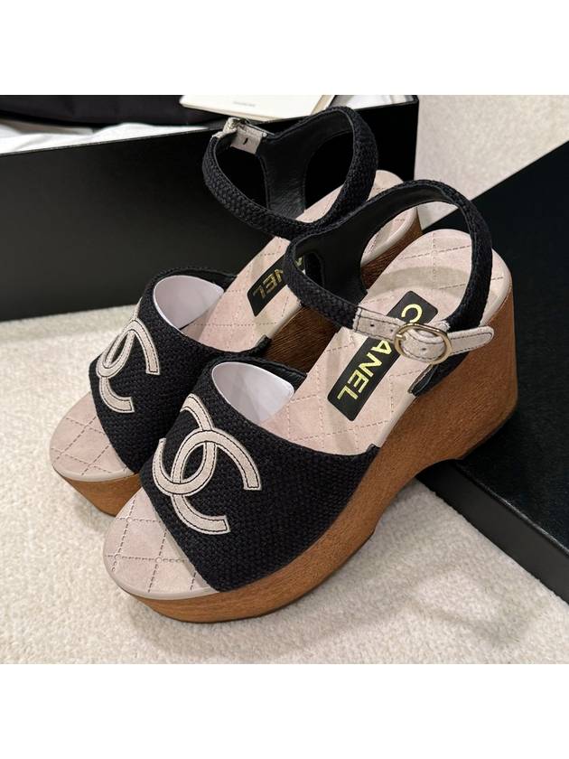 Wood wedge heel sandals fabric calfskin ankle strap CC logo - CHANEL - BALAAN 4