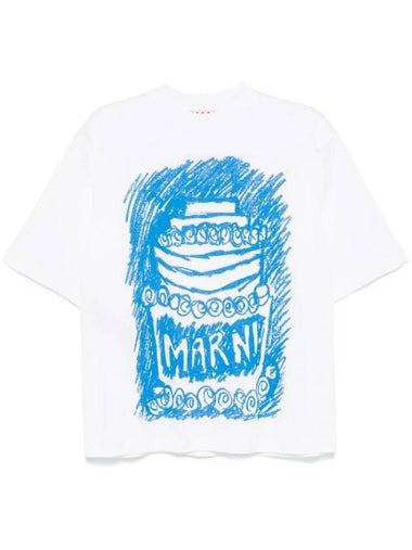 Illustrated Print Short Sleeve T-Shirt White Blue - MARNI - BALAAN 1