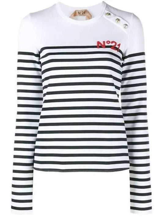 Striped Logo Long Sleeve T Shirt White Blue - Nº 21 - BALAAN 1