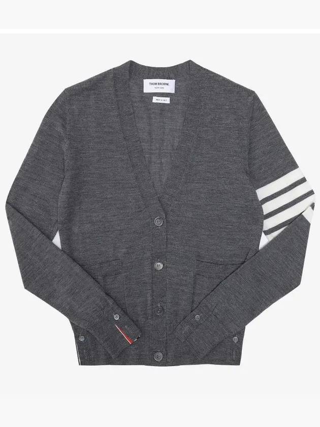 Sustainable Fine Merino Wool 4-Bar Relaxed Fit V-Neck Cardigan Medium Grey - THOM BROWNE - BALAAN 2