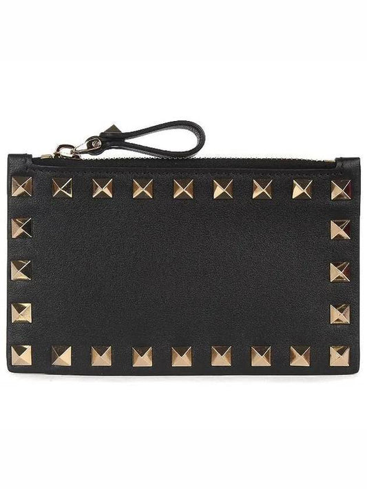 Rockstud Zipper Card Wallet Black - VALENTINO - BALAAN 1