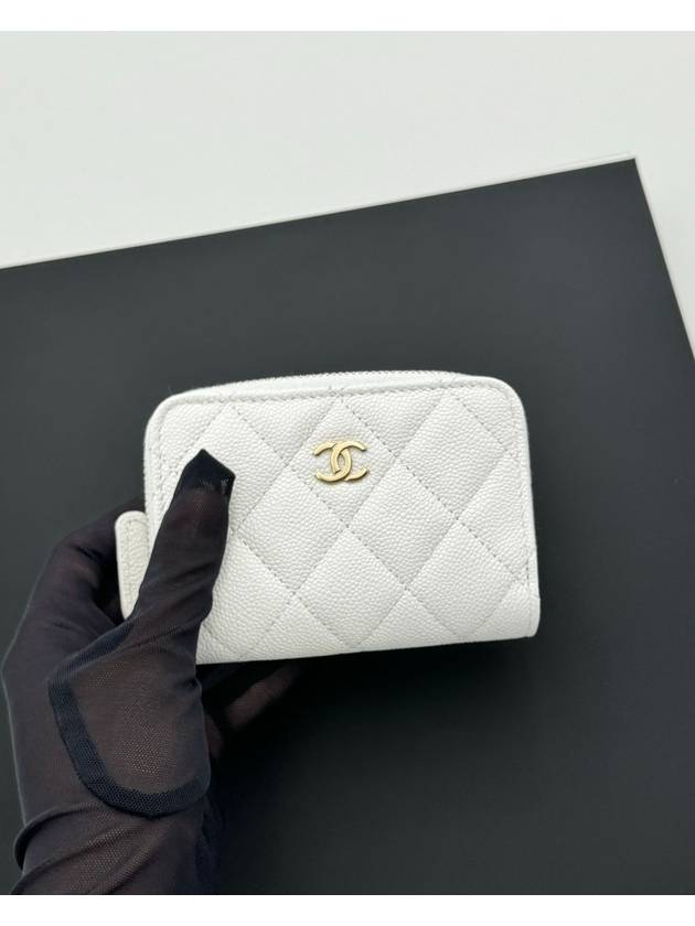 Gold Hardware Classic Grained Shiny Calfskin Zipped Coin Wallet White - CHANEL - BALAAN 8