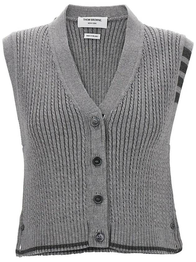 4-Bar Cropped Cable Merino Wool Cardigan Vest Grey - THOM BROWNE - BALAAN 2