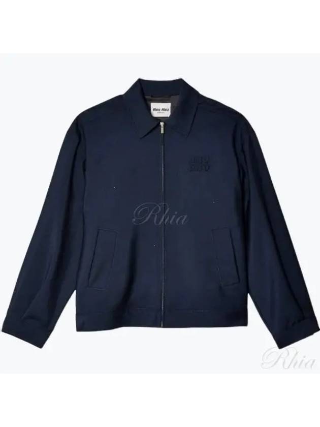 Mohair Embroidered Logo Wool Zip-up Jacket Navy - MIU MIU - BALAAN 2