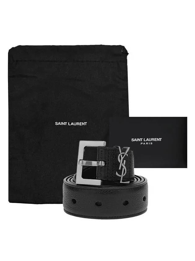 Grained Leather Silver Monogram Belt Black - SAINT LAURENT - BALAAN 9