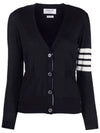 Sustainable Fine Merino Wool 4-Bar Relaxed Fit V-Neck Cardigan Navy - THOM BROWNE - BALAAN 2