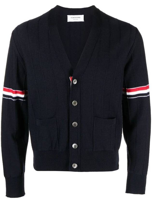 RWB V-neck Striped Virgin Wool Cardigan Navy - THOM BROWNE - BALAAN 2