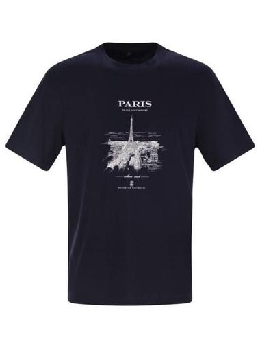 Paris Print Short Sleeve T-Shirt Navy - BRUNELLO CUCINELLI - BALAAN 1