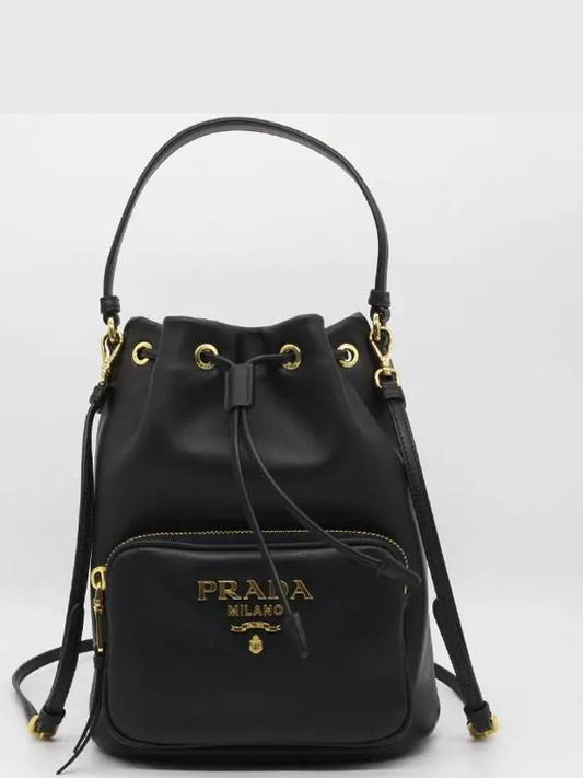 Vitello Gold Logo Leather Bucket Bag Black - PRADA - BALAAN 2