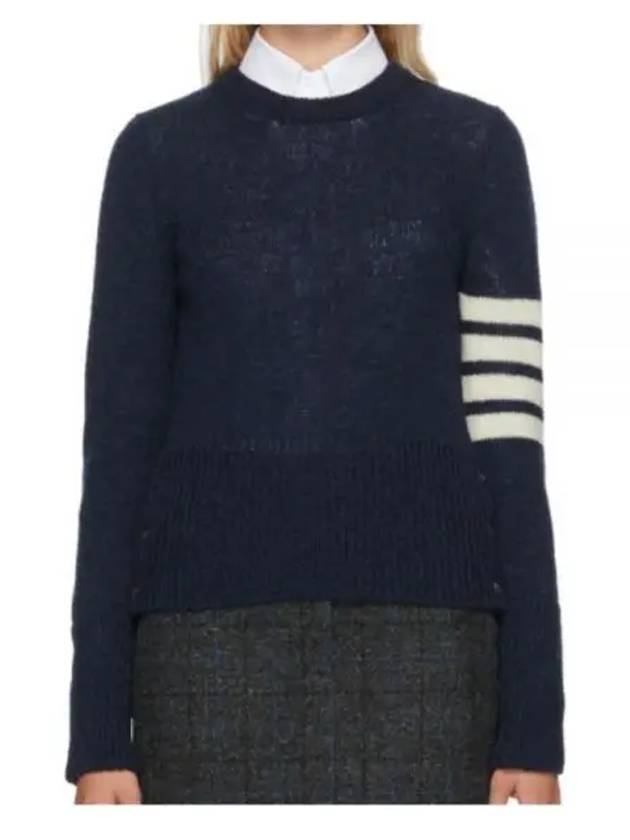 Women's Shetland Wool Jersey Classic Crew Neck 4 Bar Knit Top Navy - THOM BROWNE - BALAAN 2