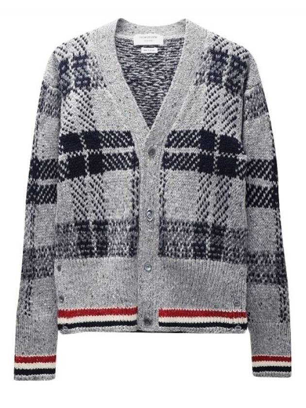 Donegal Tartan Stripe V-Neck Cardigan Medium Grey - THOM BROWNE - BALAAN 2