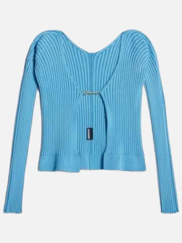 La Maille Pralu Longue Micro Charm Logo Cardigan Light Blue - JACQUEMUS - BALAAN 3