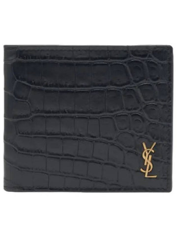 East West Crocodile Tiny Gold Card Case Black Wallet - SAINT LAURENT - BALAAN 1