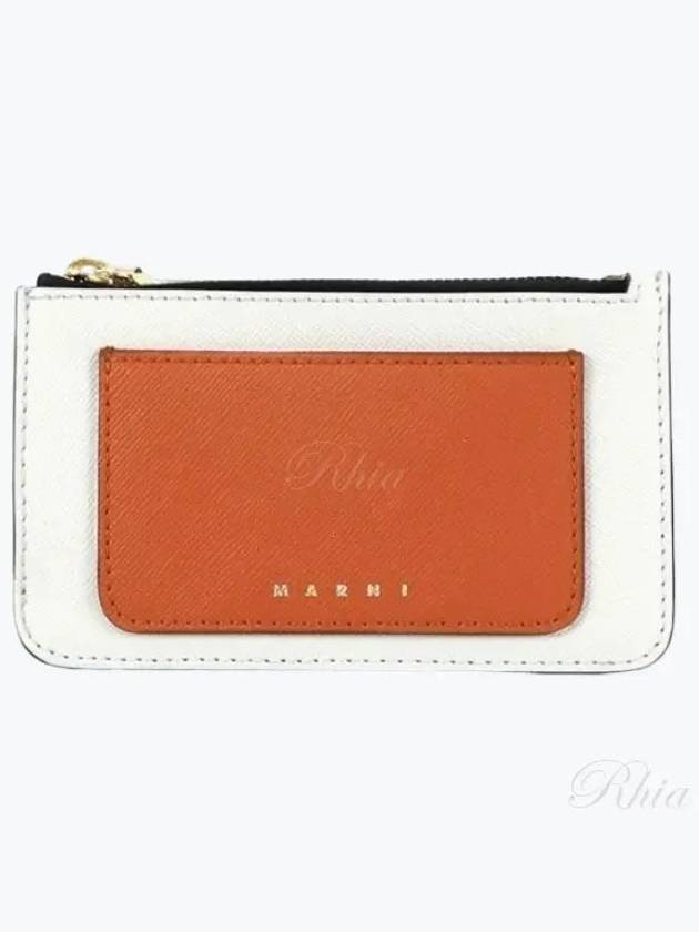 Saffiano Two-Tone Zipper Card Wallet White Orange - MARNI - BALAAN 2