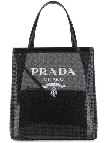 Logo Sequin Mesh Small Tote Bag Black - PRADA - BALAAN.