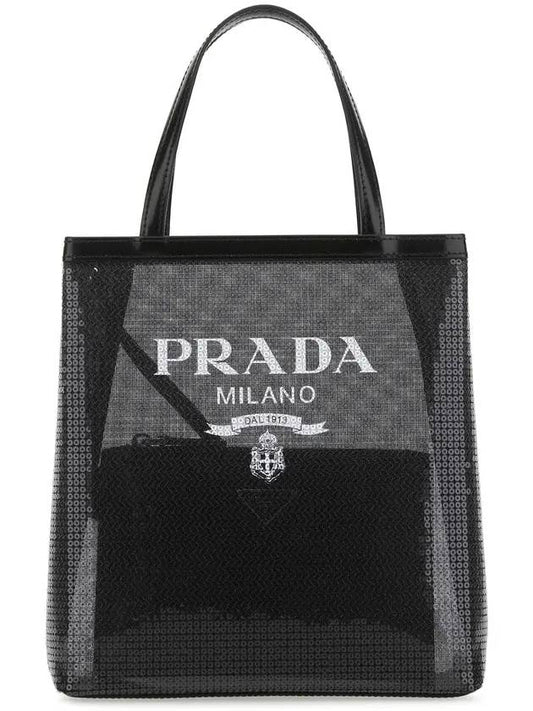 Logo Sequin Mesh Small Tote Bag Black - PRADA - BALAAN.