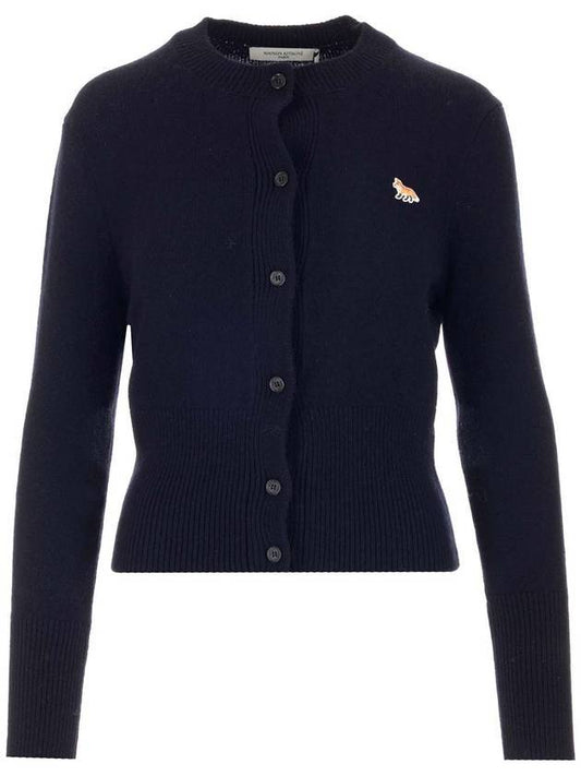 Baby Fox Patch Round Neck Fitted Cardigan Navy - MAISON KITSUNE - BALAAN.
