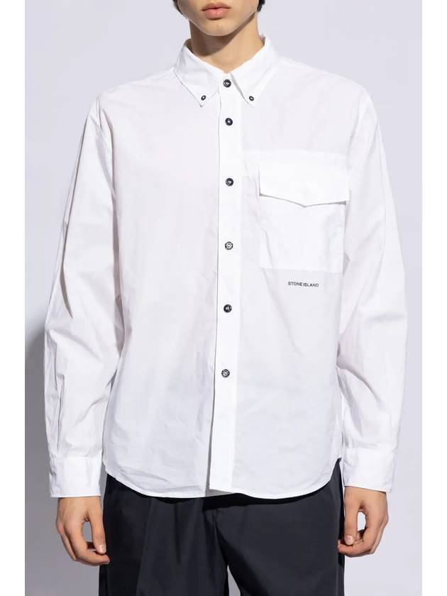 Logo Print Cotton Long Sleeve Shirt White - STONE ISLAND - BALAAN 3