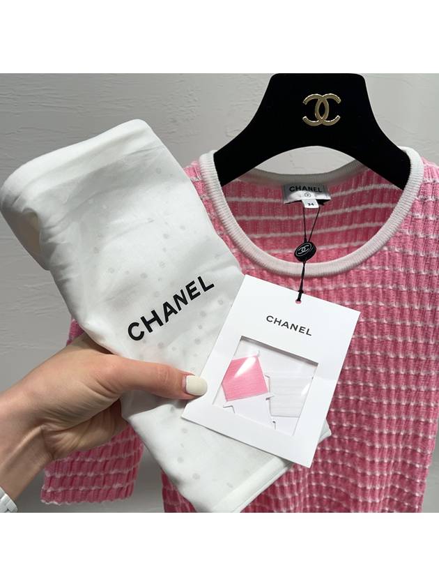 Women's T-Shirt Top Cotton White Pink Striped Logo T-Shirt - CHANEL - BALAAN 7