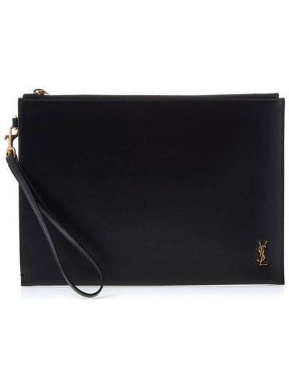 Tiny Cassandre Shiny Leather Zip Tablet Clutch Bag Black - SAINT LAURENT - BALAAN 2