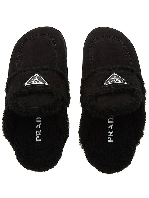 Women's Triangle Logo Shearling Lining Slippers Black - PRADA - BALAAN 7