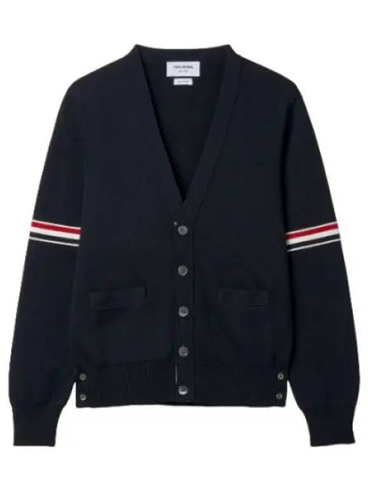 Navy Cotton Milanese Stitch Striped Armband Neck Cardigan - THOM BROWNE - BALAAN 1