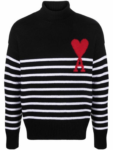 Big Heart Stripe Knit Turtleneck Black - AMI - BALAAN 1