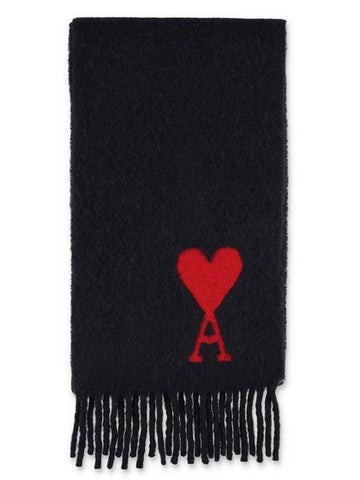 Heart Logo Oversized Wool Fringe Scarf Black - AMI - BALAAN.