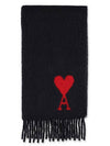 Heart Logo Oversized Wool Fringe Scarf Black - AMI - BALAAN 1