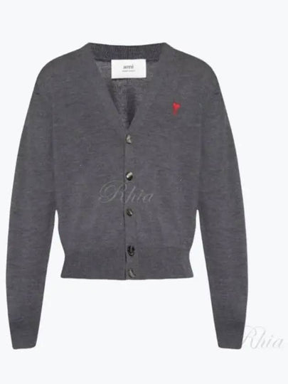 Red Heart Logo Merino Wool Cardigan Heather Grey - AMI - BALAAN 2