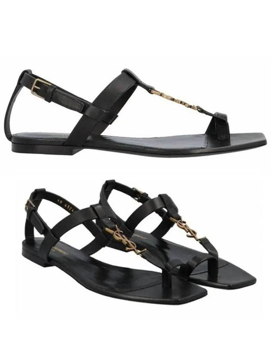 Cassandra Smooth Leather Flat Sandals Black - SAINT LAURENT - BALAAN 2