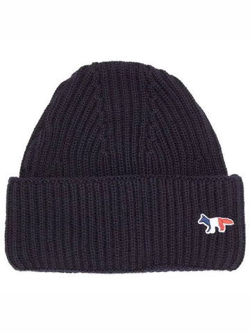 Maison Kitsune FOX Tricolor Fox Patch Cuff Wool Beanie Navy - MAISON KITSUNE - BALAAN 1