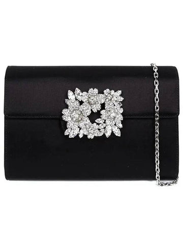 RV Bouquet Strass Buckle Satin Clutch Bag Black - ROGER VIVIER - BALAAN 1