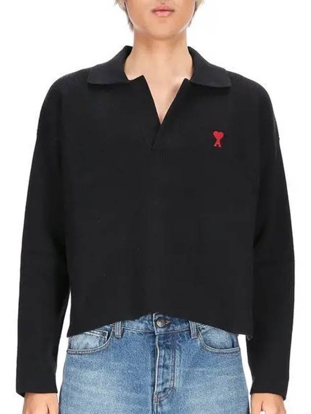 Small Heart Long Sleeve Polo Shirt Black - AMI - BALAAN 2