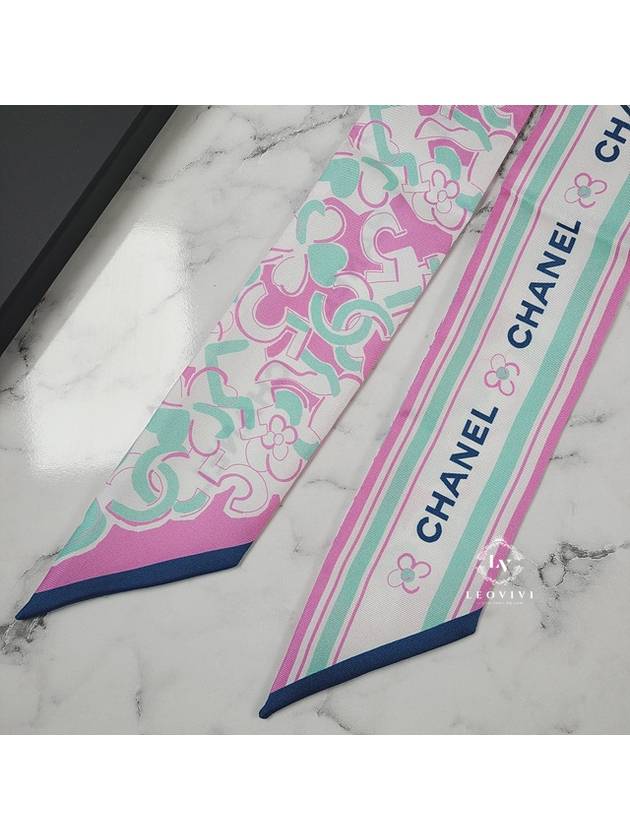 CC Logo Flower Pattern Print Silk Slim Bandeau Twilly Petite Scarf Pink AA8141 - CHANEL - BALAAN 5