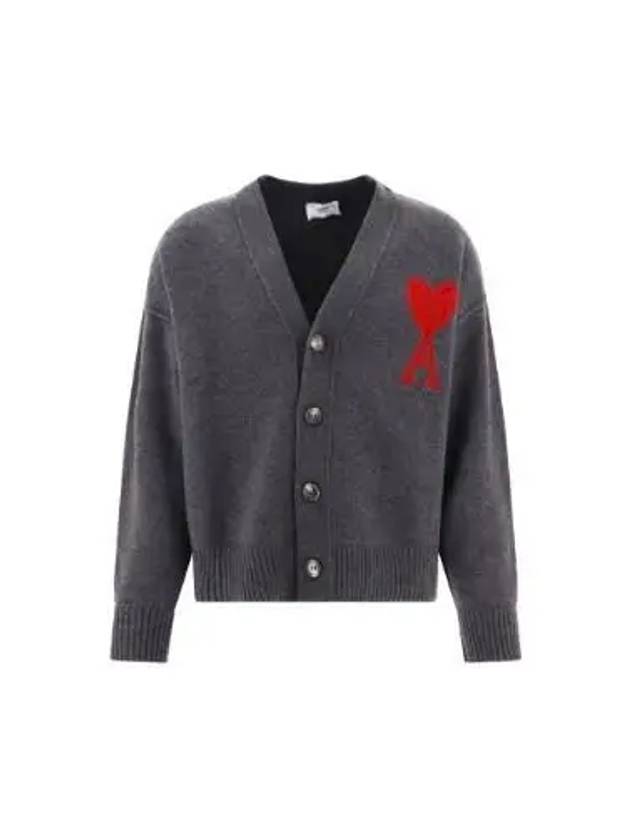 Heart Logo V Neck Wool Cardigan Heather Grey - AMI - BALAAN 2