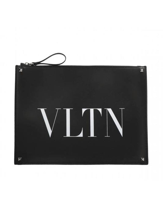 Men's Logo Print Leather Clutch Bag Black - VALENTINO - BALAAN 1