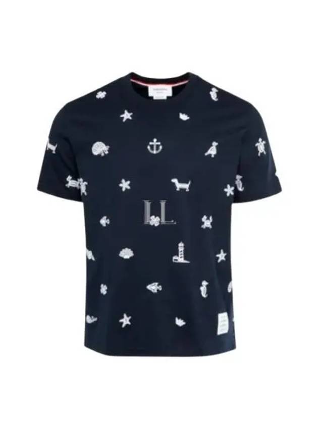 Embroidered Cotton Short Sleeve T-Shirt Navy - THOM BROWNE - BALAAN 2