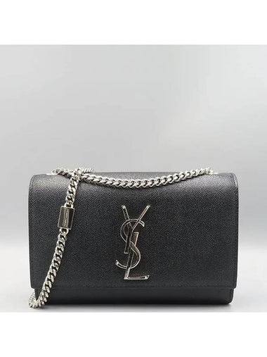 469390 Black Caviar Skin Silver YSL Monogram Kate Satchel Chain Small Shoulder Bag - SAINT LAURENT - BALAAN 1