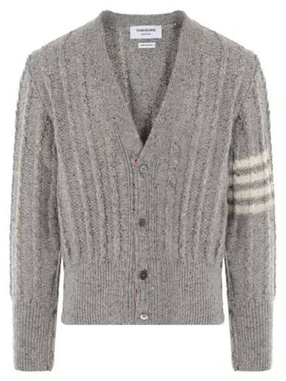 Donegal Twist Cable 4 Bar Classic V Neck Cardigan Light Grey - THOM BROWNE - BALAAN 2