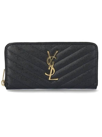 Cassandre Matelasse Zip Around Wallet In Grain De Poudre Embossed Leather Black Gold - SAINT LAURENT - BALAAN.