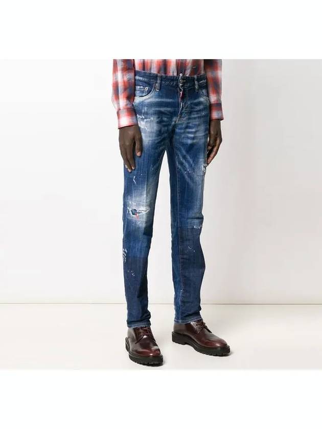 Men's Distressed Detail Paint Slim Fit Denim Jeans Blue - DSQUARED2 - BALAAN.