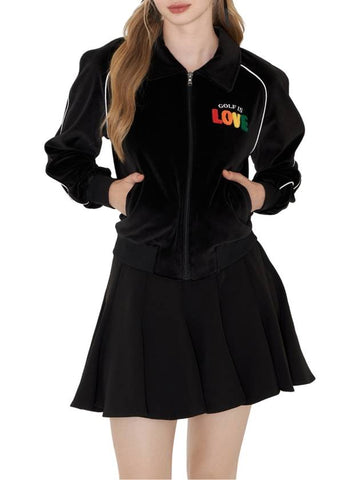 Golf Is Love Velvet Collar Zip Up Jacket Black - GOXO - BALAAN 1