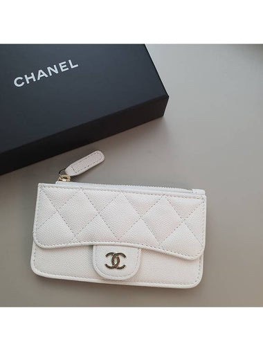 Classic flap card slot zipper card wallet white gold plated - CHANEL - BALAAN 1