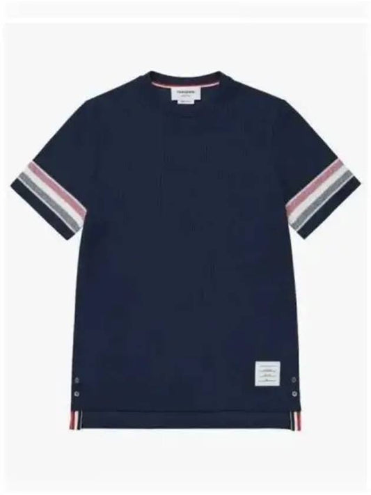 Textured Cotton Stripe Short Sleeve T-Shirt Navy - THOM BROWNE - BALAAN 2